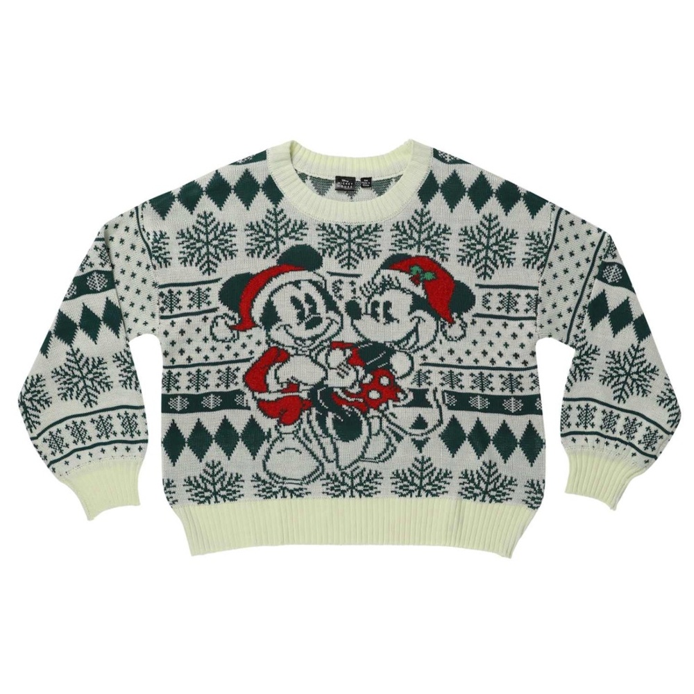 Disney Mickey & Minnie Viral Christmas Sweater Knit Fair Isle Green White Unisex
